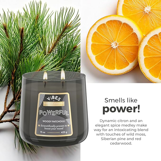 Candle-Lite Vibes Woody Patchouli Mood-Enhancing Scented Candles, 15 oz Jar, Aromatherapy, Proudly Poured in The USA, 2-Wick, 86 Hours Burn Time, Perfect Relaxation Gift