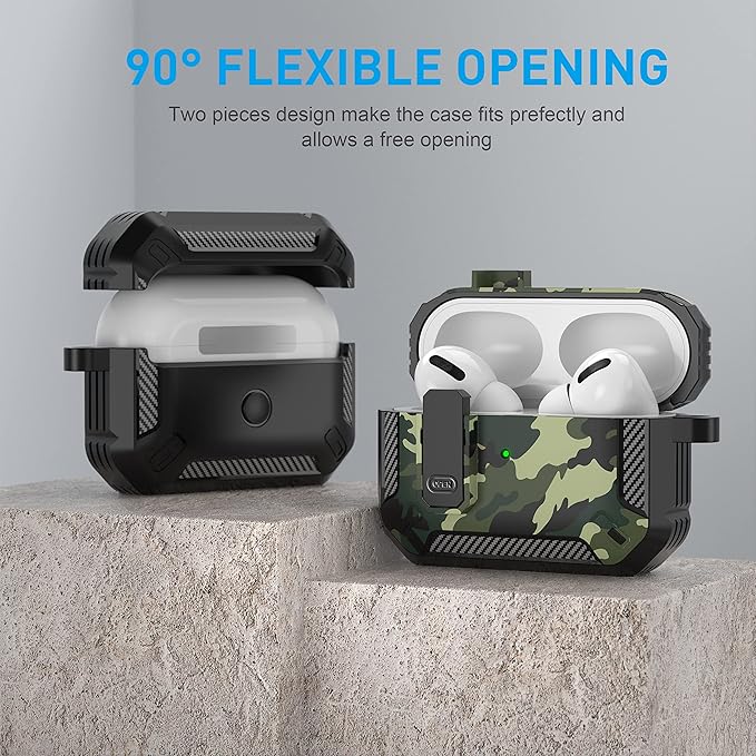 Maxjoy for AirPods Pro Case Cover with Lock, AirPods Pro 1st Generation Case for Men Military Rugged Protective Cover with Keychain Compatible with Apple AirPod Pros 2019 Front LED Visible, Green Camo