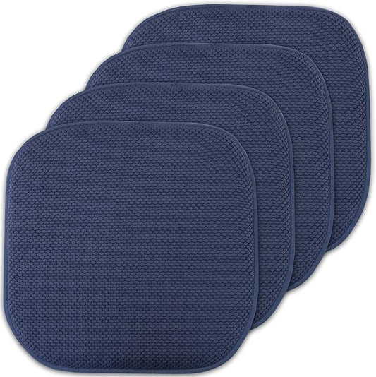 Sweet Home Collection Memory Foam Chair Cushion Honeycomb Pattern Solid Color Slip Non Skid Rubber Back Ultimate Comfort and Softness Rounded Square 16" x 16" Seat Cover, 4 Pack, Navy 4 Piece