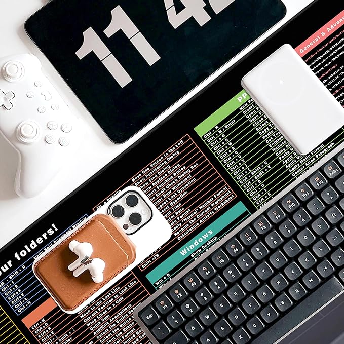 Excel Cheat Sheet Desk Pad, 31.5"x11.8", Waterproof Extra Large Excel Shortcut Mat with Stitched Edges, Anti-Slip Excel Mouse Pad for Office Desk, MS Excel/Word Shortcuts (Color Shortcut)