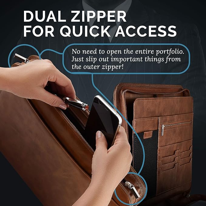 NERO MANETTI- Zippered Vegan Leather Padfolio/Portfolio Pad Holder-Business PU Leather Notepad Folder for Resumes, Interviews, iPad/Tablet, Phone, Legal Pad Notebook Executive Binder for Women, Men