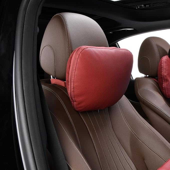 Genuine Cowhide Leather Headrest car Neck Pillow,Head Support Rest Driver,11.8x7.5”Real Cow Leather,Suede,Plant-Based Polyester,refillable&Adjustable Travel Vehicle Cushion(Wine,1p)