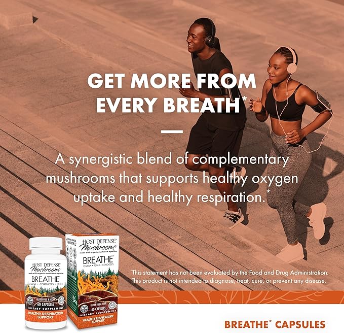 Host Defense Breathe* Capsules - Immune & Respiratory Support Mushroom Supplement - Herbal Lung Health Supplement with Chaga, Reishi & Cordyceps - 60 Capsules (30 Servings)*