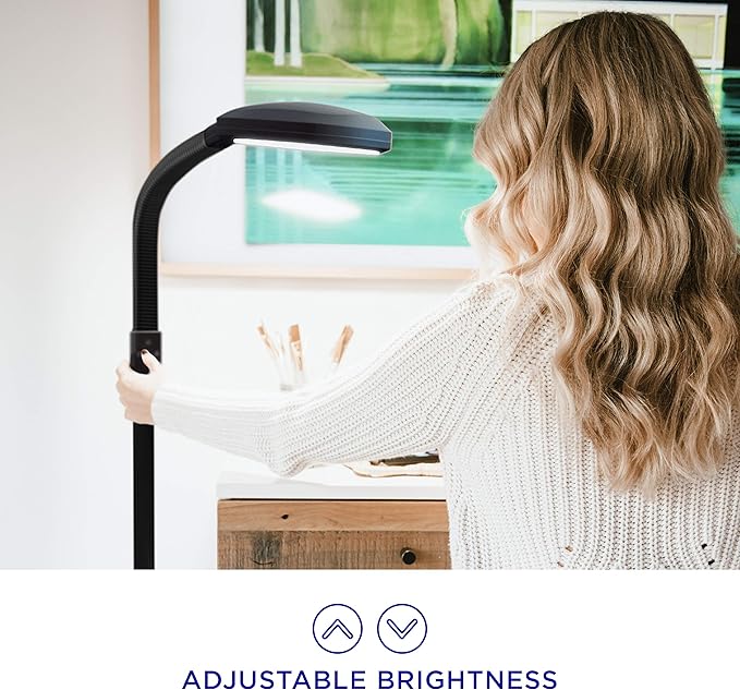 Verilux SmartLight Full Spectrum LED Modern Floor Lamp with Adjustable Brightness, Flexible Gooseneck and Easy Controls - Reduces Eye Strain and Fatigue - Ideal for Reading, Artists, Craft (Black)