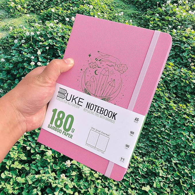 BUKE A5 Size Dotted Notebook Dot Grid Journal 180Gsm Bamboo White Supper Thick Paper, 5 * 5MM Dot Grid 160 Pages, Colored Silver Edges, Waterproof Fabric Hardcover