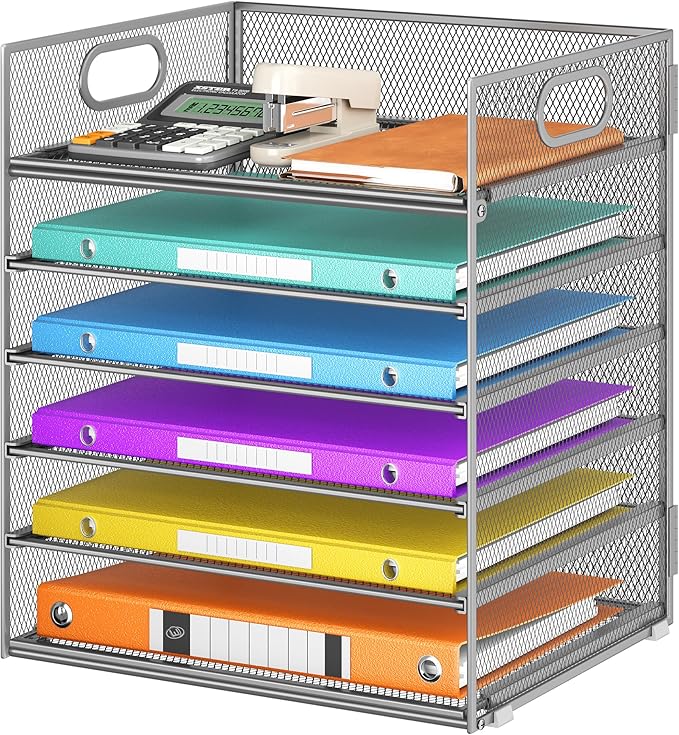 6 Tray Paper Organizer Letter Tray with Handle - Mesh Desk File Folder Holder, Paper Sorter for Office, Home or School - Silver