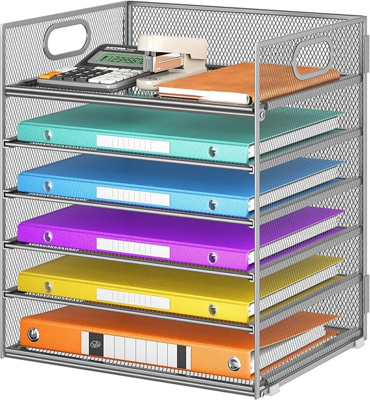 6 Tray Paper Organizer Letter Tray with Handle - Mesh Desk File Folder Holder, Paper Sorter for Office, Home or School - Silver