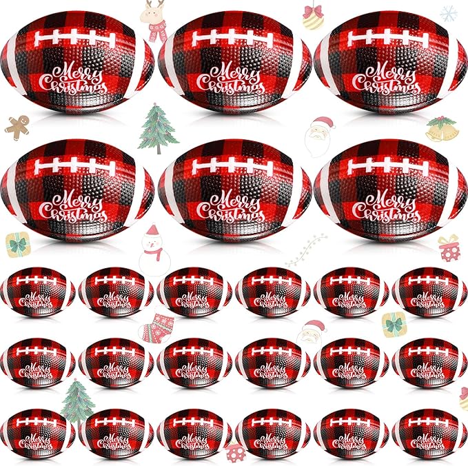 Jerify 24 Pcs Christmas Stress Ball Bulk, Mini Christmas Foam Football 3.35" Small Red Black Buffalo Plaid Relief Stress Ball for Xmas Carnival Party Favors Stocking Stuffer Filler Gifts