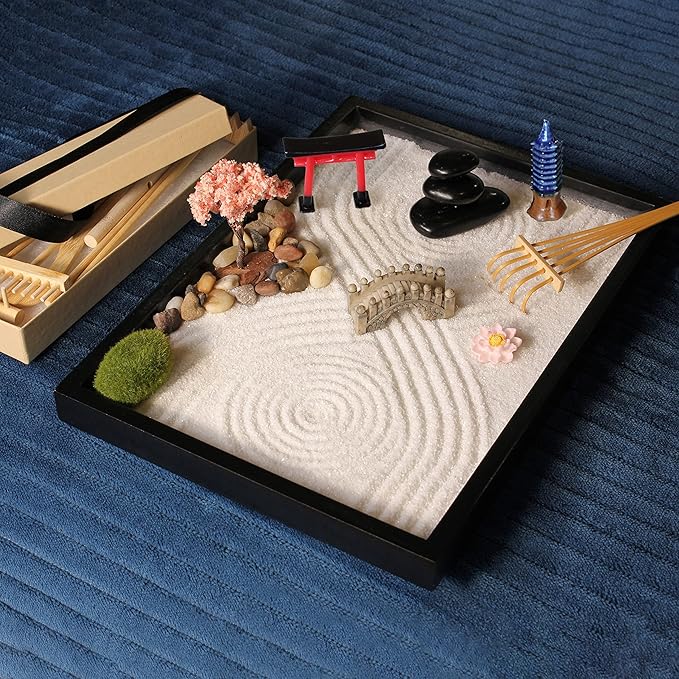 Zen Garden Kit 11x8in. Beautiful Japanese Decor Mini Rock Feature Gift Set for Home, Office Desk. Zen Sand Garden, 6 Tools, 15 Accessories. Sand Tray Therapy Desktop Meditation Room