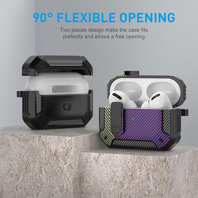 Maxjoy for AirPods Pro Case Cover with Lock, AirPods Pro 1st Generation Case for Men Military Rugged Protective Cover with Keychain Compatible with Apple AirPod Pros 2019 Front LED,Carbon Fiber Purple