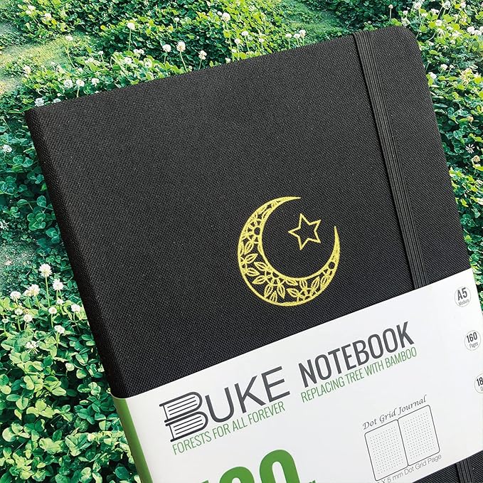 BUKE Dotted Journal,A5 Hardcover Dot Grid Notebook 180Gsm Bamboo White Paper, 5 * 5MM Dots 160 Pages, Lay Flat Binding,Colored Silver Edges, Bookmarks and Expandable Back Pocket MOON