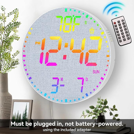 Kasbin 12 Inch Large Digital Wall Clock with Remote Control,RGB Color,Timer Date Temperature Display,Modern Clock for Living Room Bedroom Decor, Gift for Elderly (Grayish, 12")