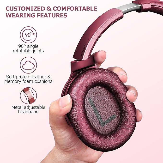 ZIHNIC Active Noise Cancelling Headphones, 40H Playtime Wireless Bluetooth Headset with Deep Bass Hi-Fi Stereo Sound,Comfortable Earpads for Travel/Home/Office (Red)