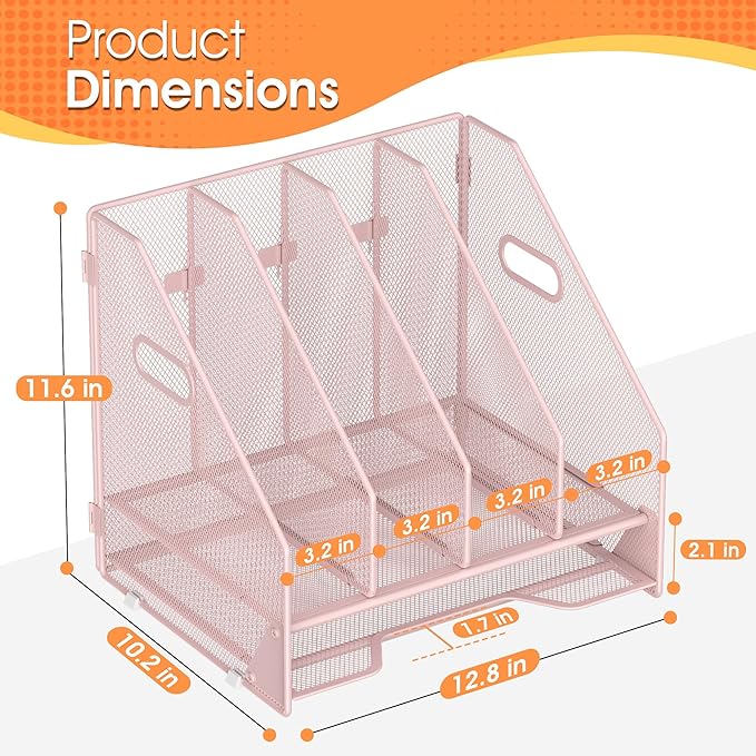 Desk File Folder Holder Organizer-4 Vertical Compartments Racks and Paper Letter Tray,Mesh Magazine File Holder Sorter,Desktop Accessories & Workspace Organizers for Home,Office,School-Pink