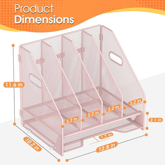 Desk File Folder Holder Organizer-4 Vertical Compartments Racks and Paper Letter Tray,Mesh Magazine File Holder Sorter,Desktop Accessories & Workspace Organizers for Home,Office,School-Pink