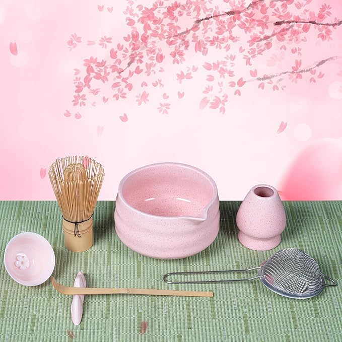 Matcha Whisk Set, 8-Piece Pink Matcha Set with Ceramic Bowl, Bamboo Whisk, Sifter, Large Mat and More – Complete Matcha Kit with Gift Box for Matcha Lovers