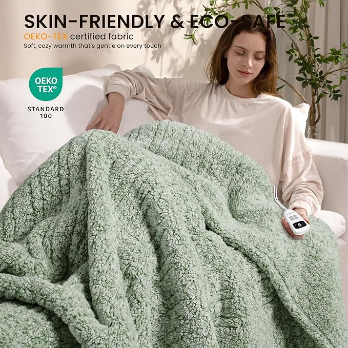 Electric Heated Blanket Full Size 72x84 inches, Fast Heating w/ 10 Heat Settings & 2/4/8/10H Auto Timer, Double-Sided Sherpa, Ultra Soft & Cozy for Couch, Bed, Office, Machine Washable, Light Sage