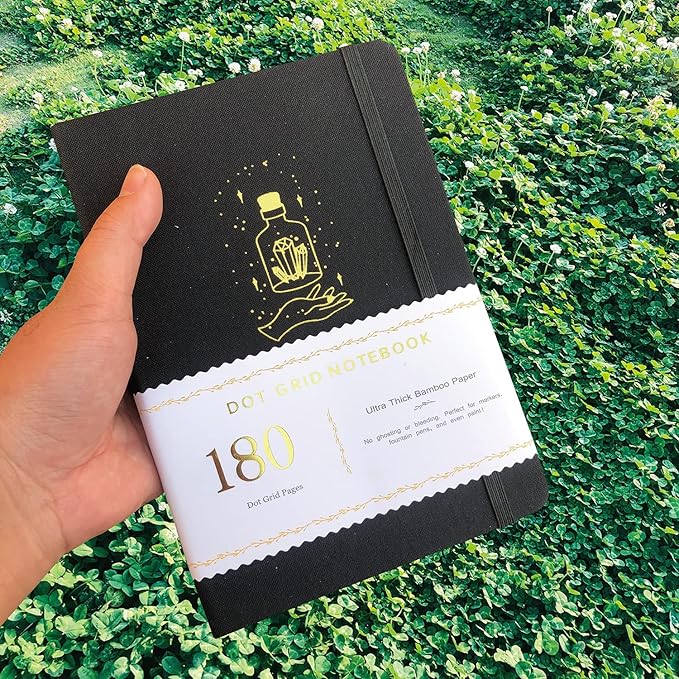 BUKE Dotted Journal,180Gsm Bamboo White Paper, 5 * 5MM Dot Grid 160 Pages, A5 Size Dot Grid Notebook BUJO, Colored Silver Edges and Mystery bottle