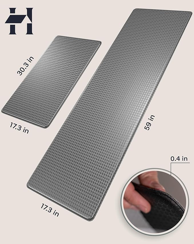 Anti-Fatigue Kitchen Mat Set – 2-Piece Memory Foam Cushioned Mats for Standing – Gray, 18×30 & 18×60, 0.4 in Thick, Waterproof, Non-Slip – Homergy