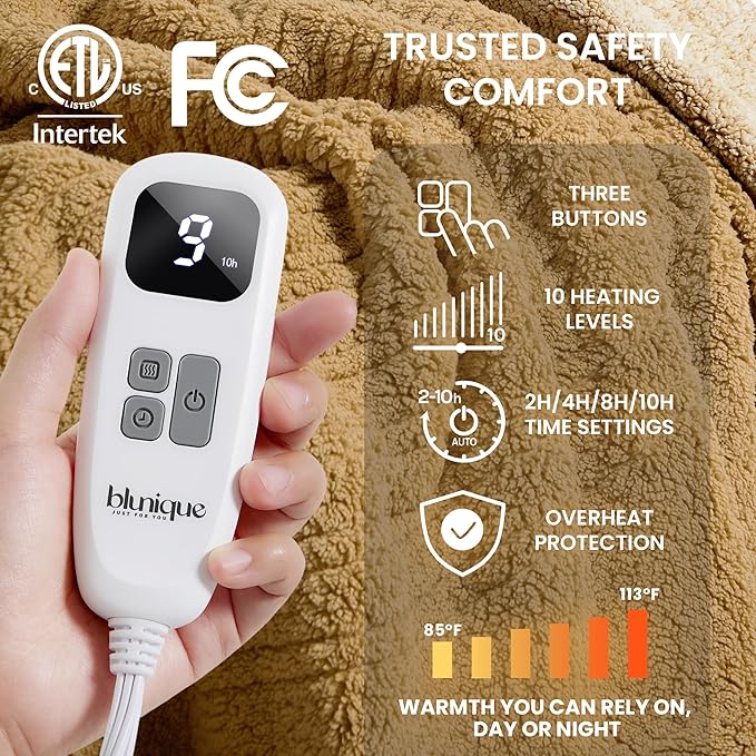 Electric Heated Blanket King 90x100 inches, Fast Heating w/ 10 Heat Settings & 2/4/8/10H Auto Timer, Double-Sided Sherpa, Ultra Soft & Cozy for Couch, Bed, Office, Machine Washable