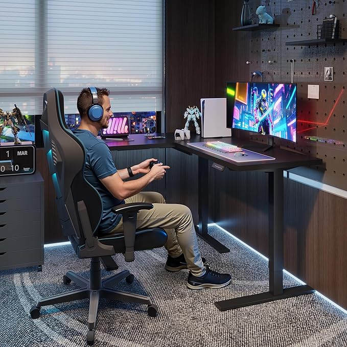 SANODESK L Shaped Standing Desk Adjustable Height, Electric Corner Standing Desk, 63 x 48 inch Sit Stand Computer Table with Splice Board, Black