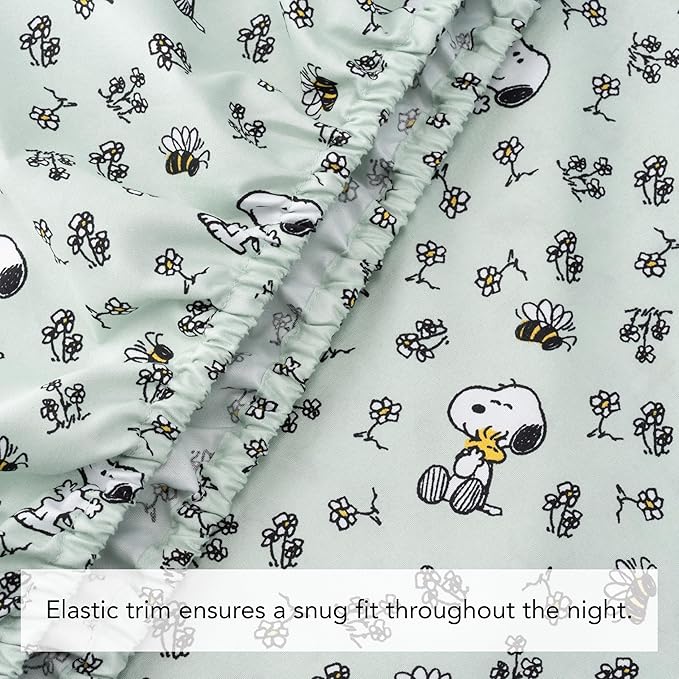 Berkshire Blanket Peanuts® Kids Sheet Set Full Size - 4 Pieces,Cute Character Snoopy Printed Soft Microfiber Bed Sheets,Mini Snoopy & Woodstock New Flower and Bees Sage