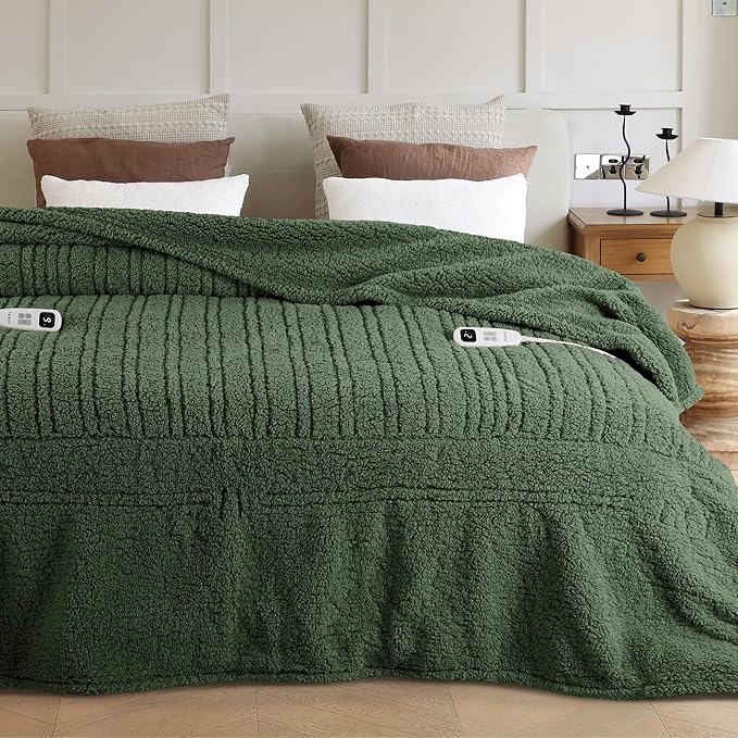 Electric Heated Blanket Queen 84x90 inches, Fast Heating w/ 10 Heat Settings & 2/4/8/10H Auto Timer, Double-Sided Sherpa, Ultra Soft & Cozy for Couch, Bed, Office, Machine Washable，Sage