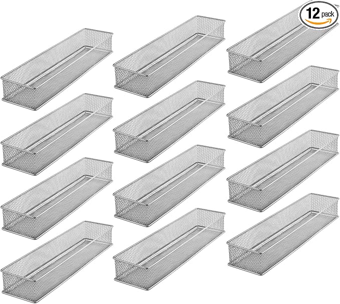 YBM HOME Silver Mesh Drawer Cabinet and or Shelf Organizer Bins, School Supply Holder Office Desktop Organizer Basket (12, 3x12x2 Inch)