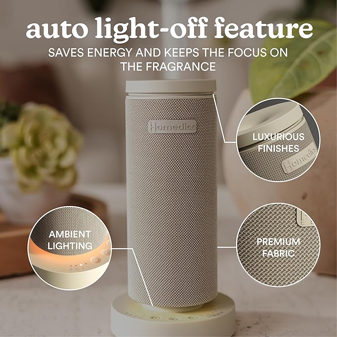 Homedics SereneScent Mini Fabric Rechargeable Waterless Diffuser, Cordless Aromatherapy Device, Use with SereneScent Oil 15ml (Sold Separately), Adjustable Mist Intensity & Ambient Light, Beige