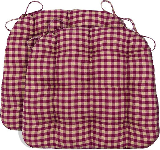 Barnett Home Decor Dining Chair Cushions with Ties – Small 15 x 17 - Latex Foam, 100% Cotton, Machine Washable Chair Pads for Kitchen Chairs, Made in USA (Farmhouse Check Red & Tan/Pack of 2)