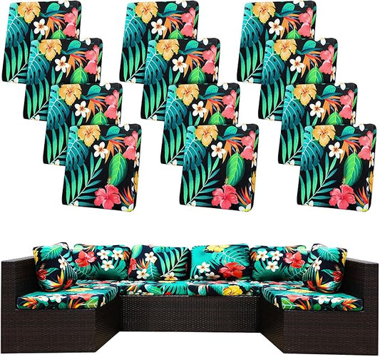 12 Pcs Stretch Patio Cushion Covers,Outdoor Couch Covers Replacement,Outdoor Couch & Sofa Slipcovers,for Patio Furniture Cushion Covers,Washable Reusable Furniture Protector (Floral,Cover Only)