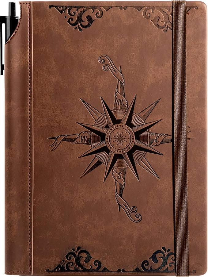 CAGIE Compass Leather Notebook Journal for Men, 100 GSM 288 Pages Lined Journals for Writing, A5 Hardcover Journaling Notebooks Gift Set with Pen for Travel Office Daily Writing