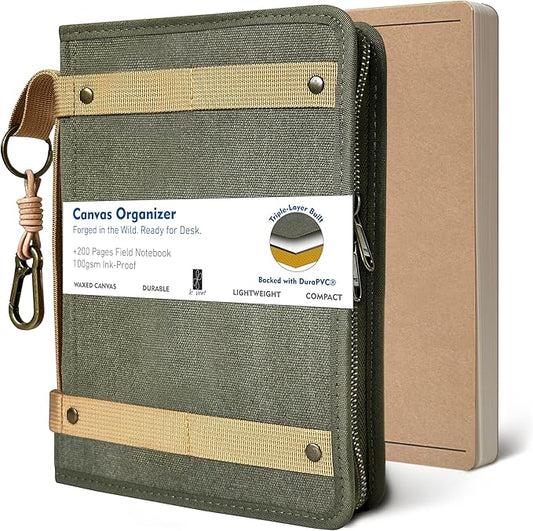 Le Vent A5 Field Notebook Organizer – 3-Layer Waxed Canvas Refillable Travelers Journal, Planner (200 Pages, 5x8) – Fits Moleskine, LEUCHTTURM1917, Hobonichi, Midori & Field Notes – Travel & Office Ready