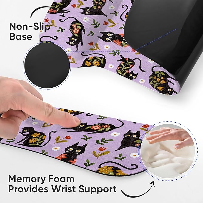 RICHEN Mouse Pad and Keyboard Wrist Rest, 3-in-1 Computer Mousepad and Coaster Set, Non-Slip Keyboard Wrist Rest and Mouse Pad Set Ergonomic Design (Flower Cats)