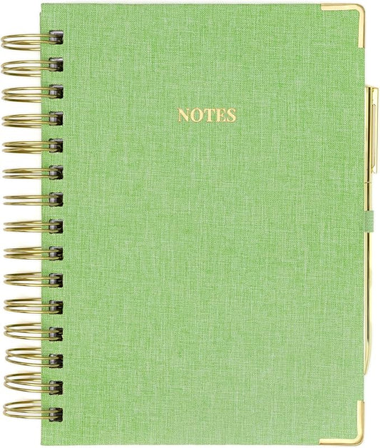 ELYN Lined Spiral Journal, Linen Hardcover Notebook with Matching Gold Gel Pen, 252 Pages, 8.2 in x 6.75 in - 100 GSM Premium Paper, Spiral Notebook for Home, Office, Notes & Gifts, (Green)