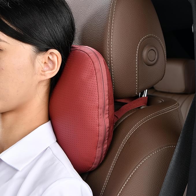 Genuine Cowhide Leather Headrest car Neck Pillow,Head Support Rest Driver,11.8x7.5”Real Cow Leather,Suede,Plant-Based Polyester,refillable&Adjustable Travel Vehicle Cushion(Wine,1p)