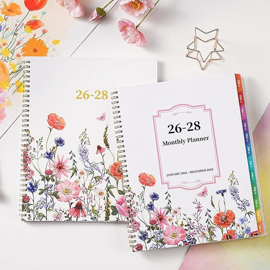 2026-2028 Monthly Planner- 3 Year Planner 2026-2028, Jan. 2026 - Dec. 2028, 3 Year Calendar 2026-2027-2028 monthly planner, 9" x 11", 36 Month Calendar with Colourful Tabs + Back Pocket - Flowers