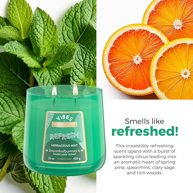Candle-Lite Vibes Herbaceous Mint Mood-Enhancing Scented Candles, 15 oz Jar, Aromatherapy, Proudly Poured in The USA, 2-Wick, 86 Hours Burn Time, Perfect Relaxation Gift