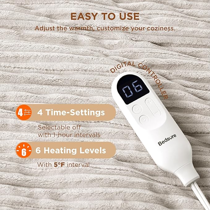 Bedsure GentleSoft Heated Blanket Throw - Soft Ribbed Flannel Electric Blanket, Heating with 4 Time Settings, 6 Heat Settings, and 3 hrs Timer Auto Shut Off, Gifts for Grandma (50x60 inches, Cream)