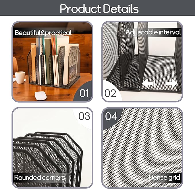 Adjustable Desk File Organizer,Detachable Office Folder Organizer,Compact Vertical Desk File Holder,Wrought Iron Paint,Suitable for Home, School, Office Classrooms (Black - 5 grids)