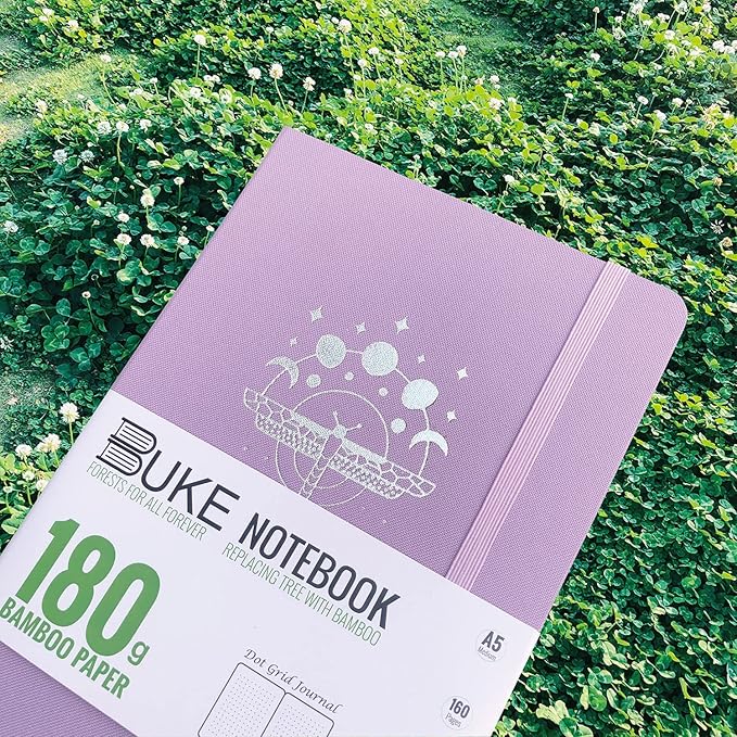 Dot Grid Notebook Dotted Journal,180Gsm Bamboo White Paper, 5 * 5MM Dots 160 Pages, Lay Flat Binding,Colored Silver Edges, Bookmarks and Expandable Back Pocket