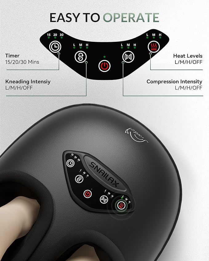 Snailax Shiatsu Foot Massager with Heat, Deep Kneading Rolling Compression Feet Massager for Plantar Fasciitis Neuropathy, 3 Heating Levels,3 Timer Option Fits Size up to 14“ Gifts for Men,Women