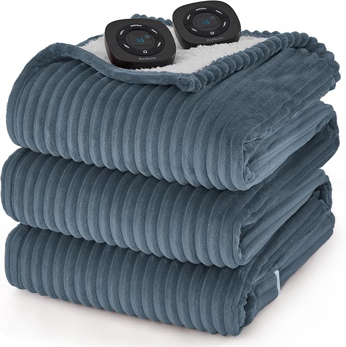 Bedsure GentleSoft Electric Blanket King Size - Soft Ribbed Flannel Heated Blanket with Dual Control, Heating with 10 Heat Settings & 10 Time Settings, 8 hrs Timer Auto Shut Off (90x100 inches, Grey)