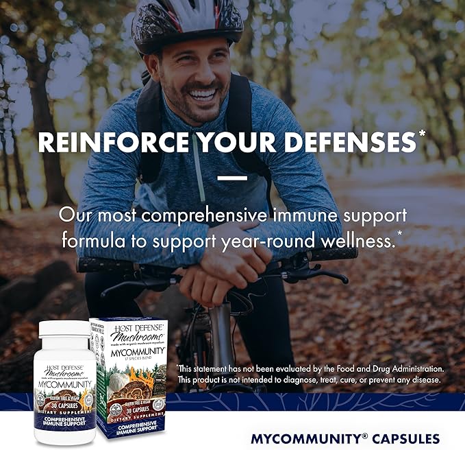 Host Defense MyCommunity Capsules - 17 Species Blend Mushroom Supplement for Immune Support - Herbal Aid with Lion's Mane, Reishi, Chaga, Cordyceps, Turkey Tail & More - 30 Capsules (15 Servings)*