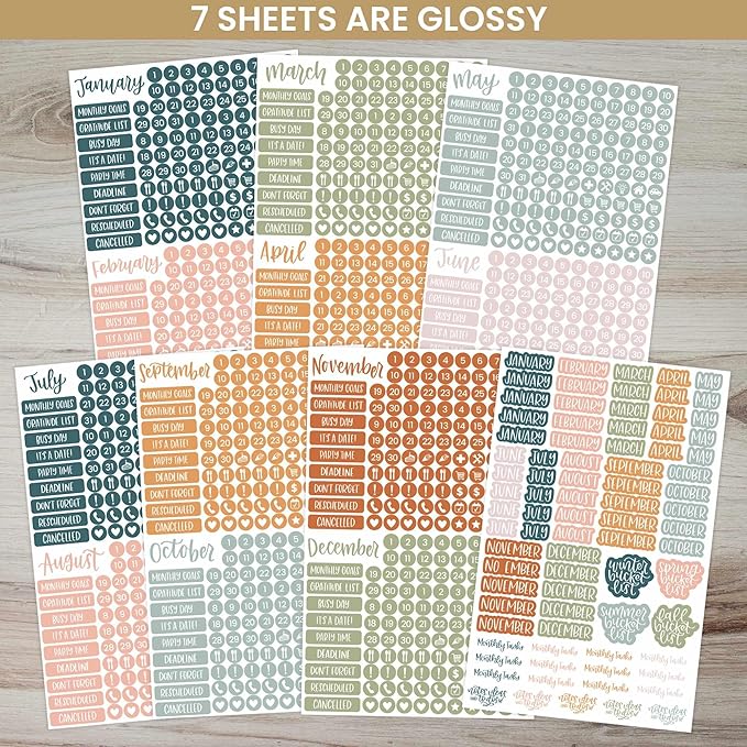 bloom daily planners Neutral Aesthetic Calendar Essentials Planner Stickers - 8 Sheets, 1629 Stickers Per Pack! - Color Coordinating Monthly Headings, Dates, Icons, Etc. - Sweater Weather