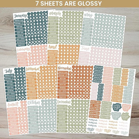 bloom daily planners Neutral Aesthetic Calendar Essentials Planner Stickers - 8 Sheets, 1629 Stickers Per Pack! - Color Coordinating Monthly Headings, Dates, Icons, Etc. - Sweater Weather