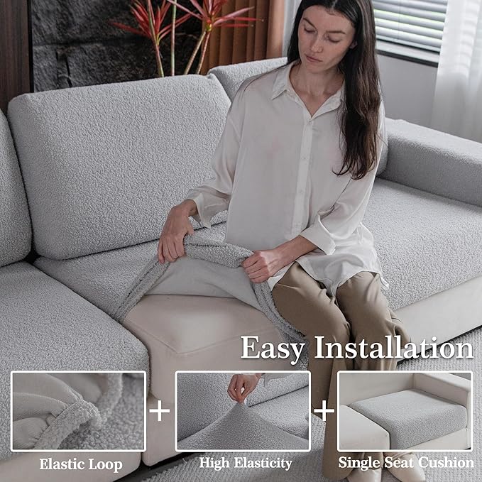Couch Cushion Covers for Sectional Sofa, Stretch Soft Sofa Slipcovers Washable Wear-Resistant Universal Furniture Protector for Living Room(3 Seaters Covers+1 Chaise Cover, Light Gray)