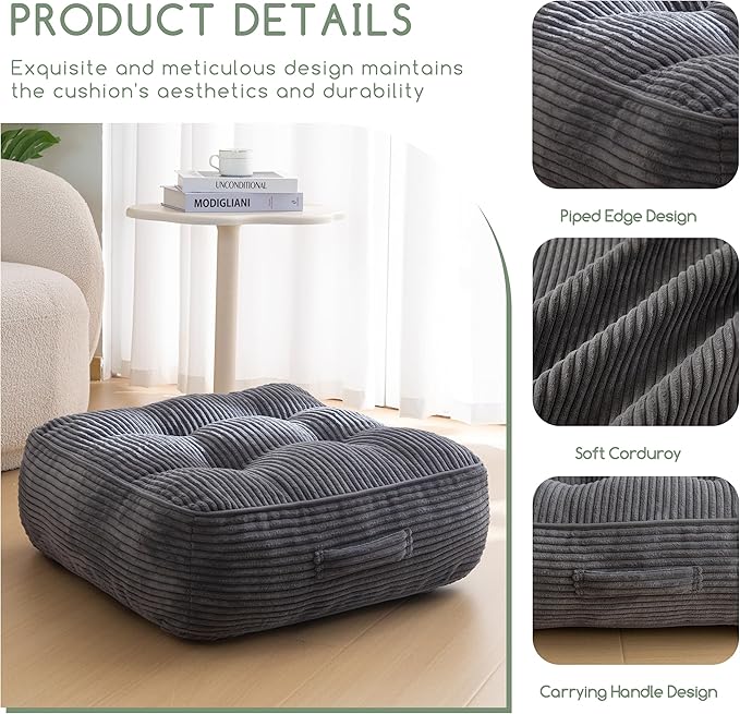 8" Washable Floor Pillow Cushion for Adults, Meditation Cushion Pillow, Large Square Floor Sitting, Removable Tufted Corduroy Cover, for Tatami Living Room or Yoga, 22x22 Inch, 2Pack, Machine Washable