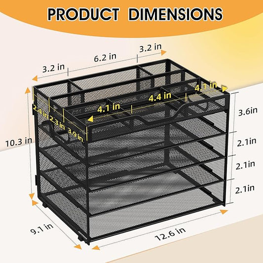 5 Tier Paper Letter Tray with 3 Drop-in Pen Holders, Mesh Desk File Organizer with Handle, Desk Organizers and Accessories for School,Home, Office Supplies Storage-Black
