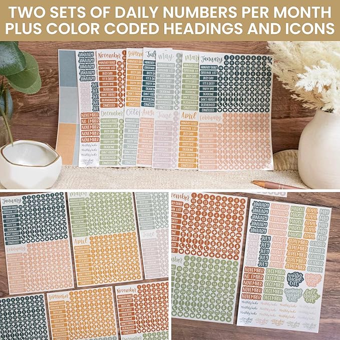 bloom daily planners Neutral Aesthetic Calendar Essentials Planner Stickers - 8 Sheets, 1629 Stickers Per Pack! - Color Coordinating Monthly Headings, Dates, Icons, Etc. - Sweater Weather